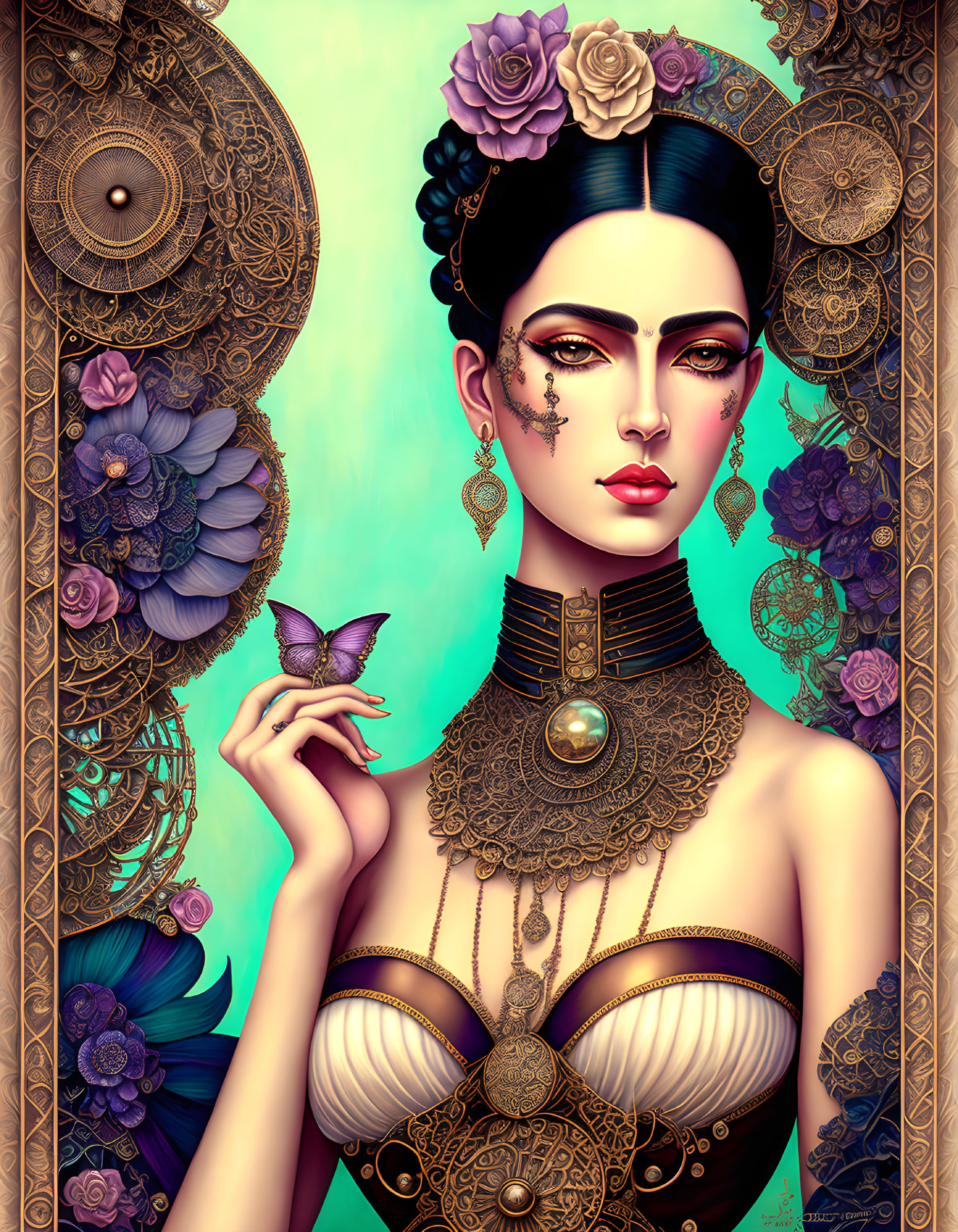 Intricate portrait of woman with golden jewelry, blue flowers, butterfly, and mandala designs