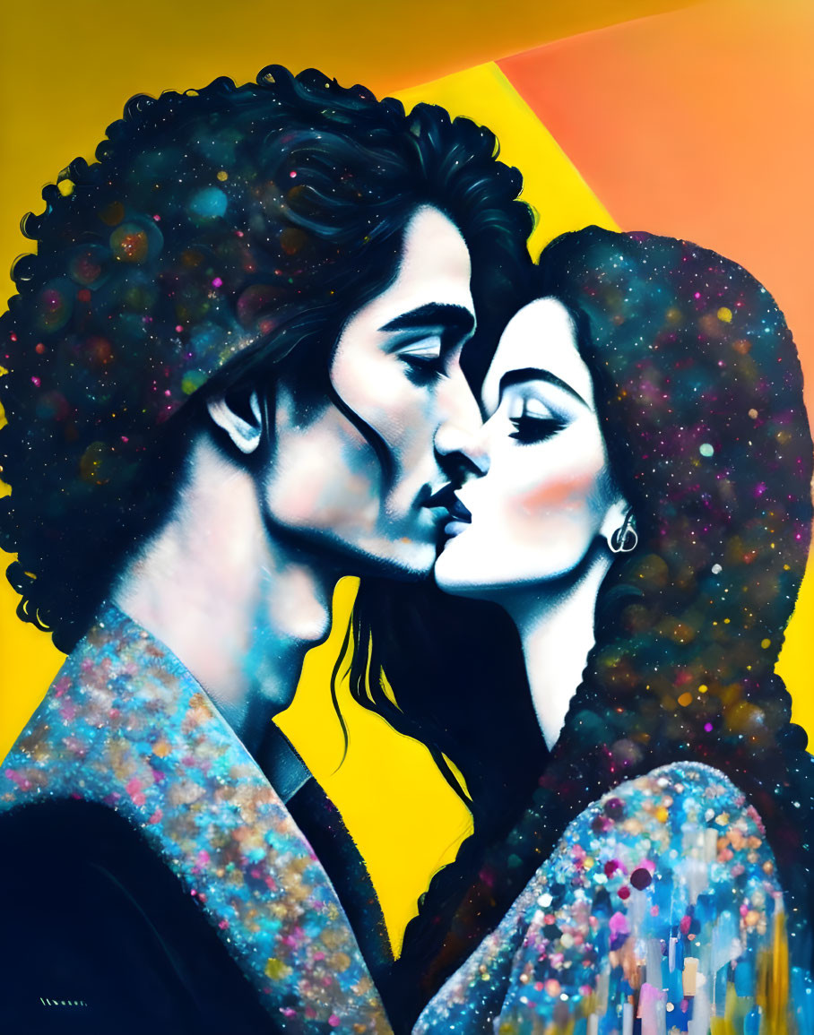 Colorful painting of couple about to kiss with starry patterns on clothes against yellow & blue backdrop