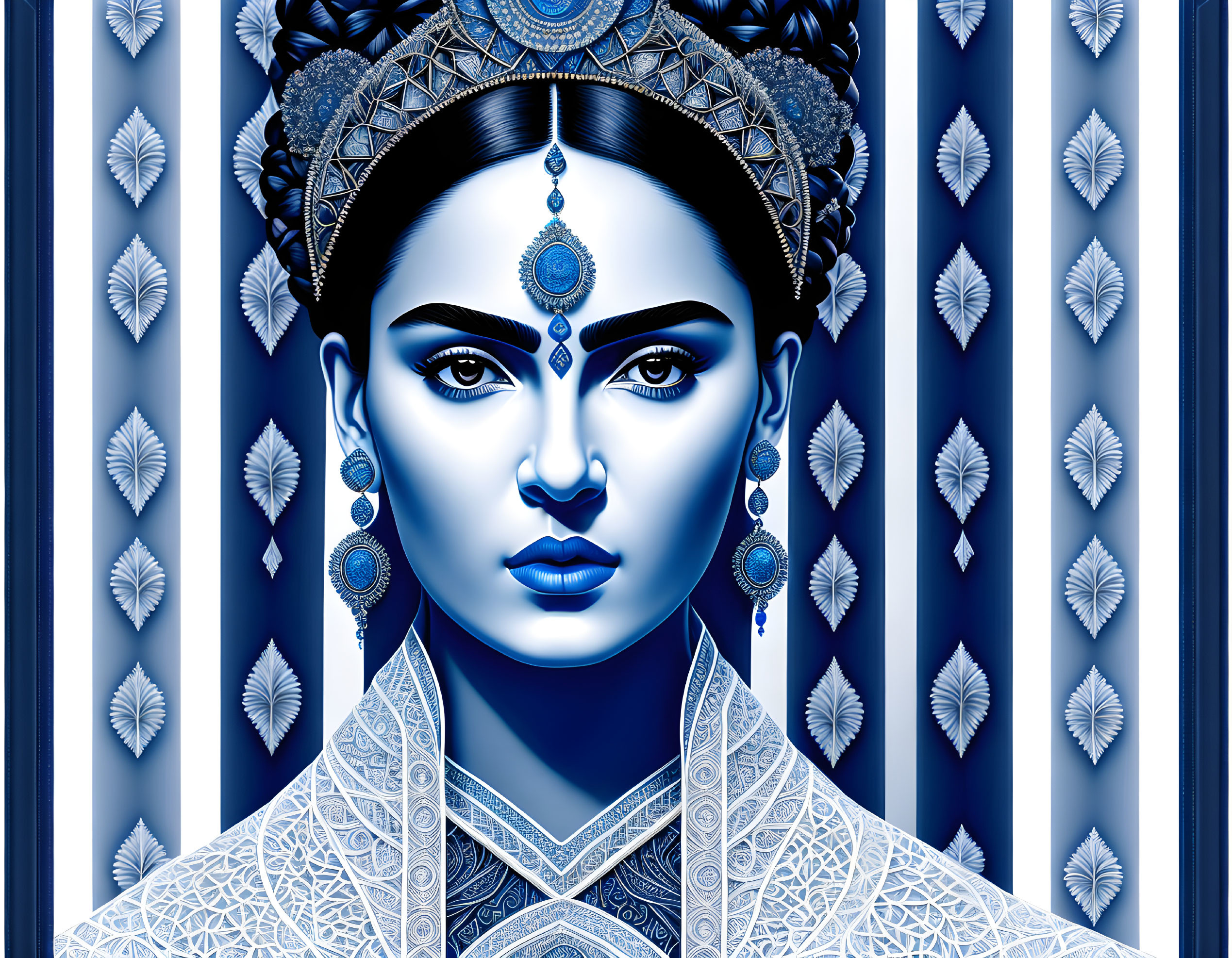Intricate blue monochromatic digital art portrait of woman with decorative headwear and jewelry