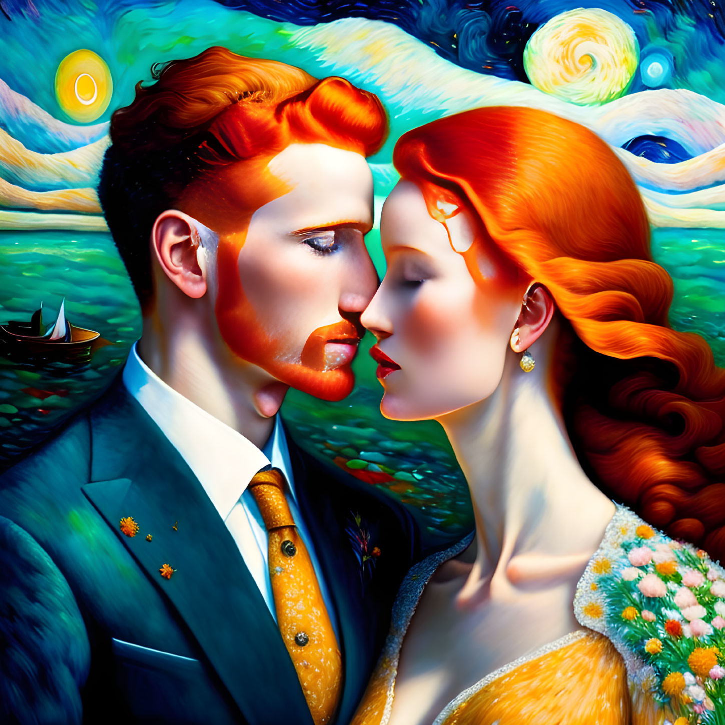 Red-haired couple in profile about to kiss against Van Gogh-inspired starry background