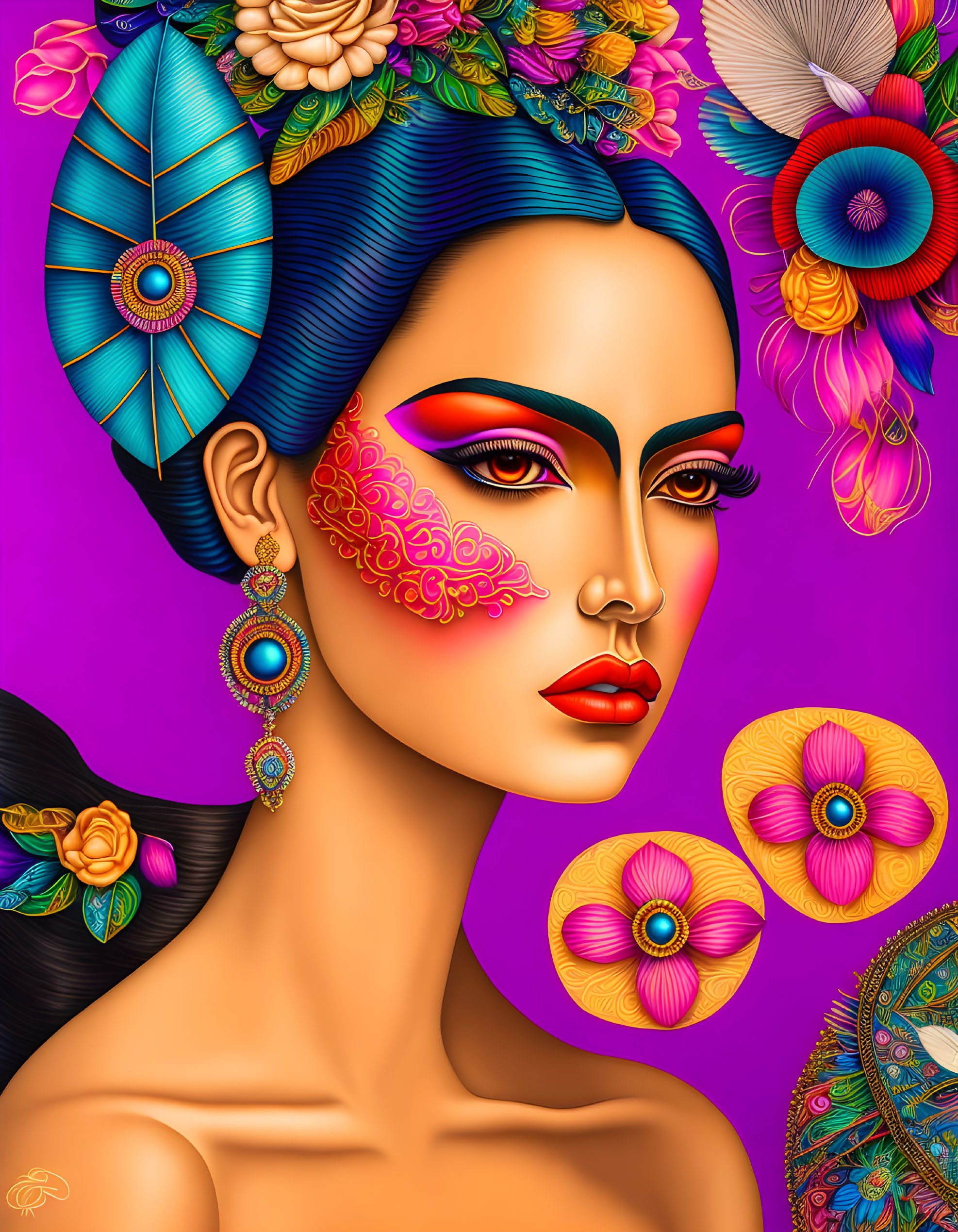Colorful digital artwork: Woman with floral headpiece, bold makeup, statement earrings on purple background.