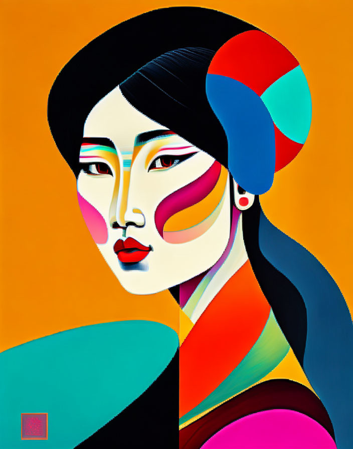 Colorful Abstract Portrait of Woman with Geometric Shapes on Orange Background