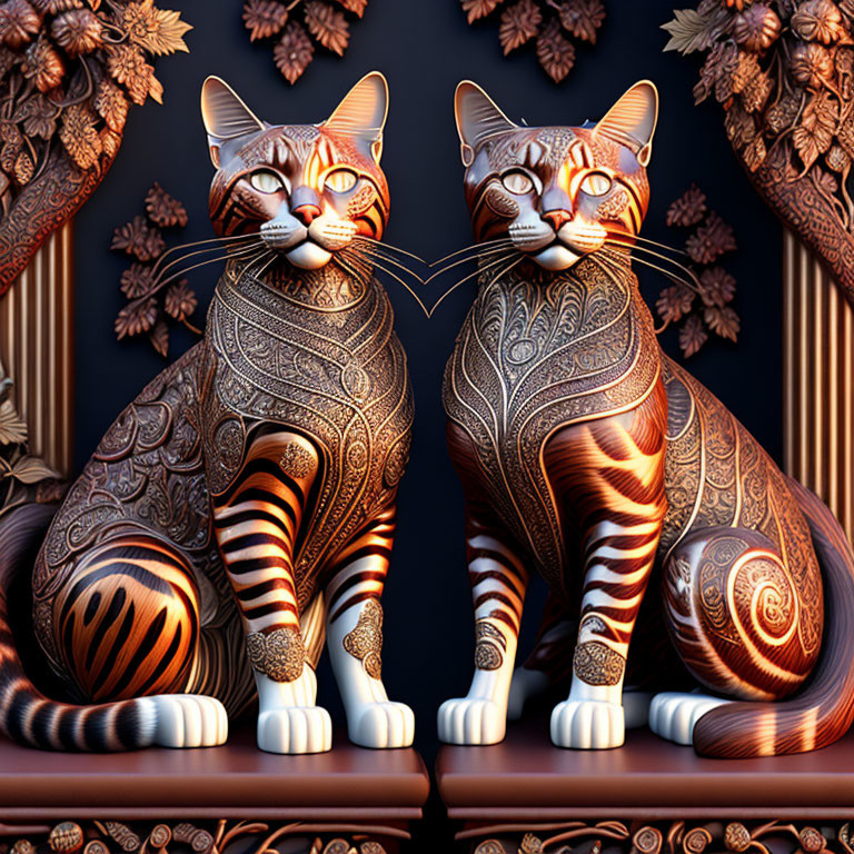 Ornate Metallic-Looking Cats with Intricate Patterns on Floral Background