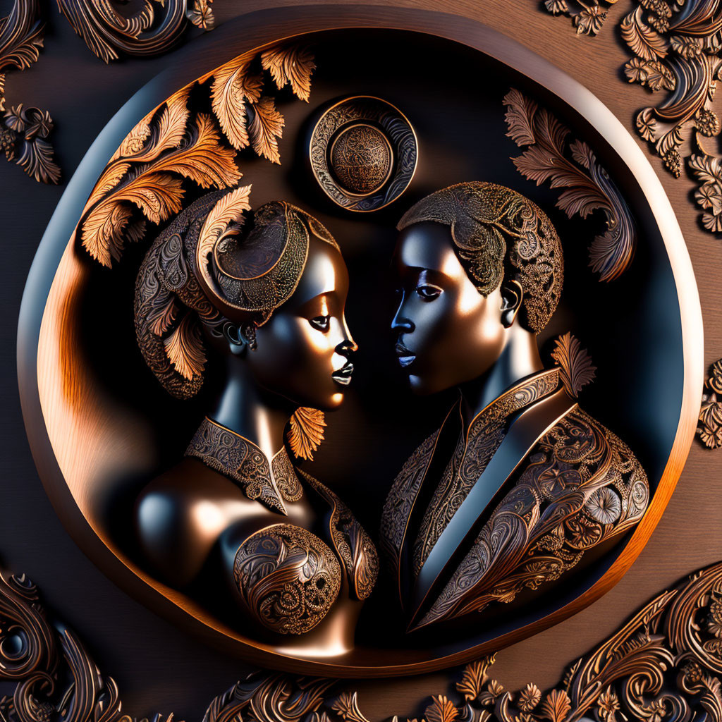 Circular relief featuring two metallic figures with headdresses and garments on textured background.