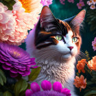 Vibrant digital artwork: Majestic cat with bright eyes amidst blooming flowers