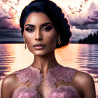 Elegant Woman with Makeup and Hairstyle by Tranquil Lake at Sunset