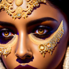Elaborate Golden Eye Makeup and Jewelry on Person's Face