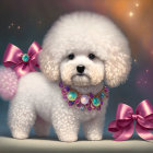 Fluffy White Dog with Pink Bow and Gemstone Collar on Colorful Background