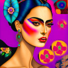 Colorful digital artwork: Woman with floral headpiece, bold makeup, statement earrings on purple background.