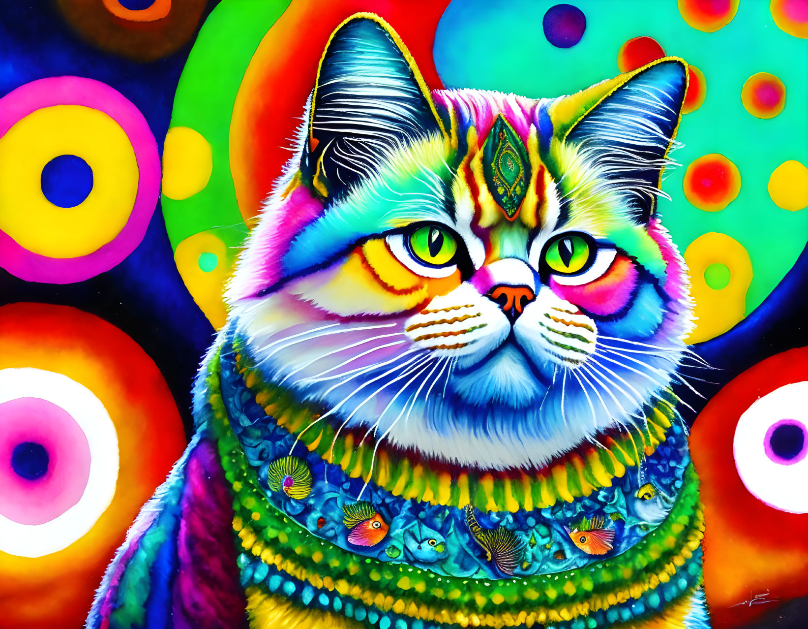 Colorful Cat Painting with Psychedelic Patterns and Yellow Eyes