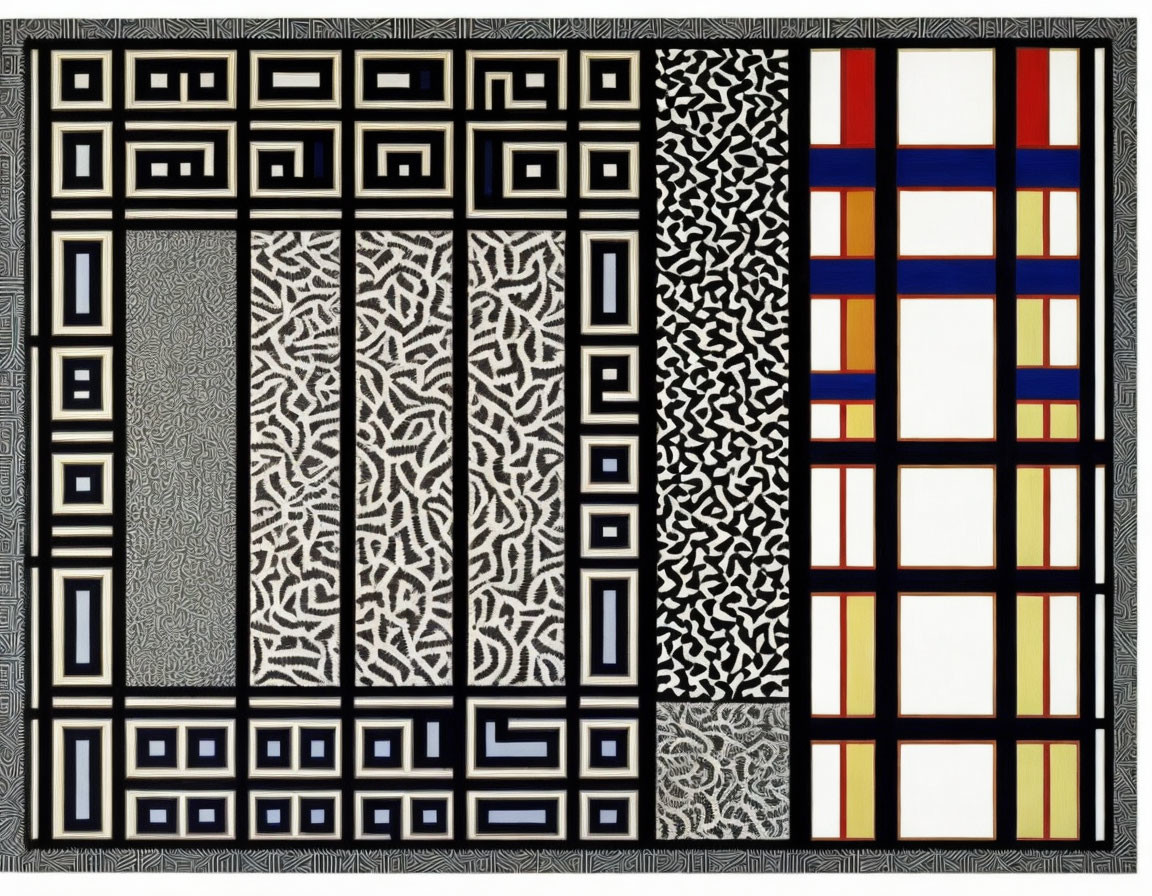 Geometric abstract painting with black and white Greek key border and colorful stained glass grid.