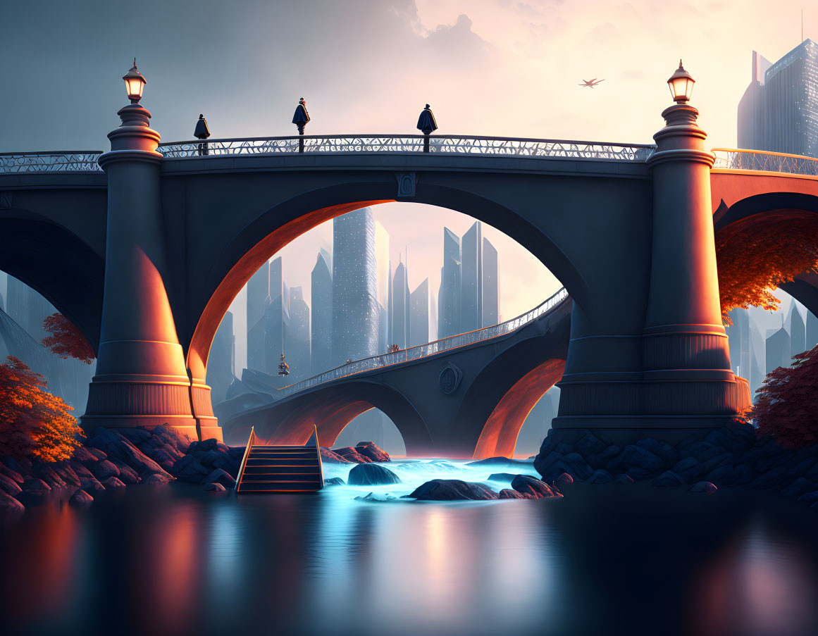 Majestic bridge with ornate lamps over tranquil river and modern skyscrapers at dusk