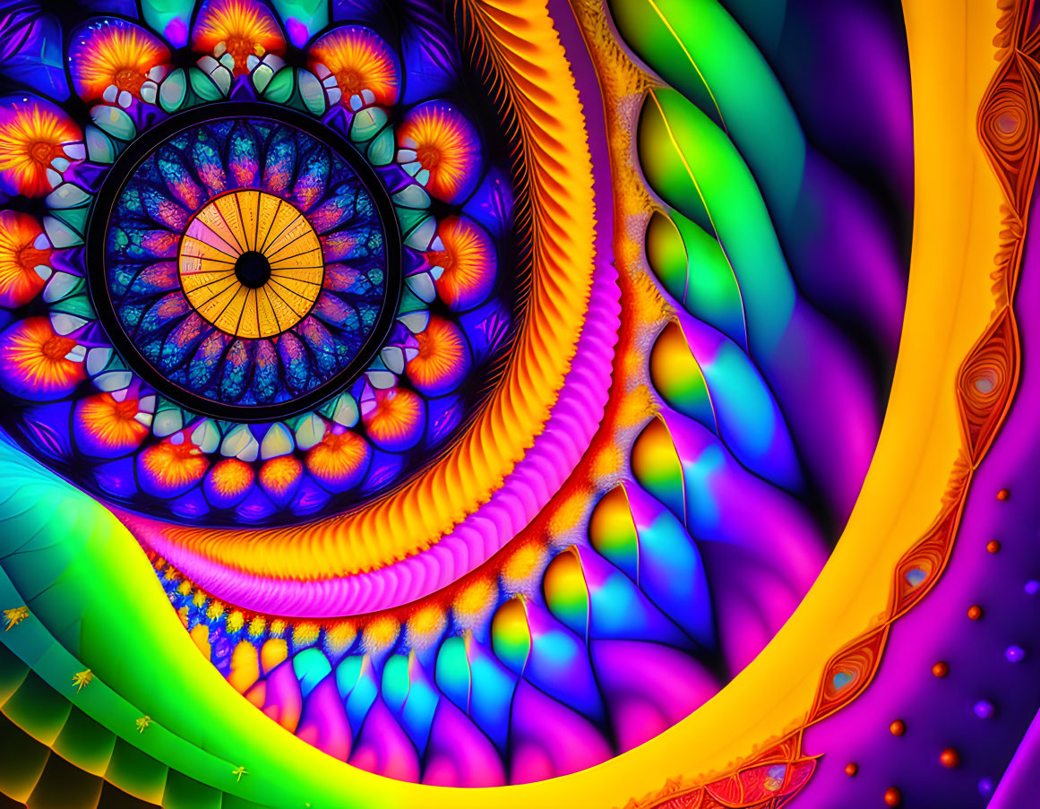 Colorful fractal image with circular kaleidoscopic centerpiece and swirling shapes