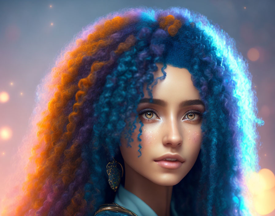 Vibrant blue and orange curly hair digital portrait of a woman