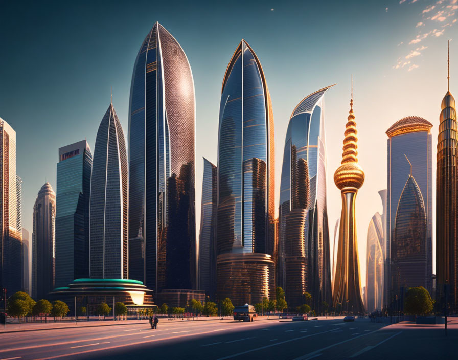 Futuristic cityscape with sleek skyscrapers and sunset shadows