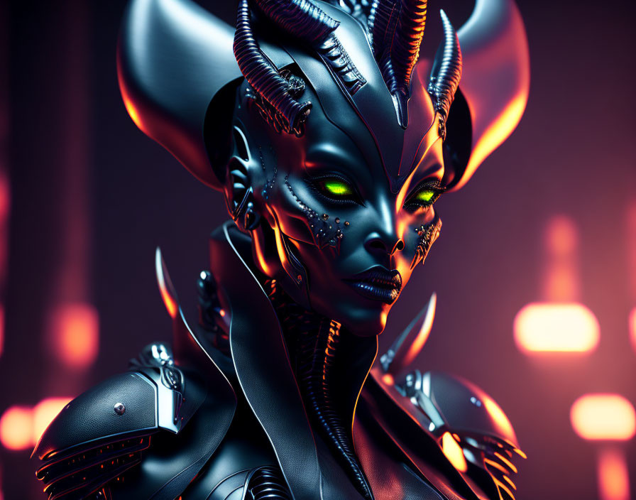 Futuristic female character with glowing eyes and metallic armor against red-lit backdrop