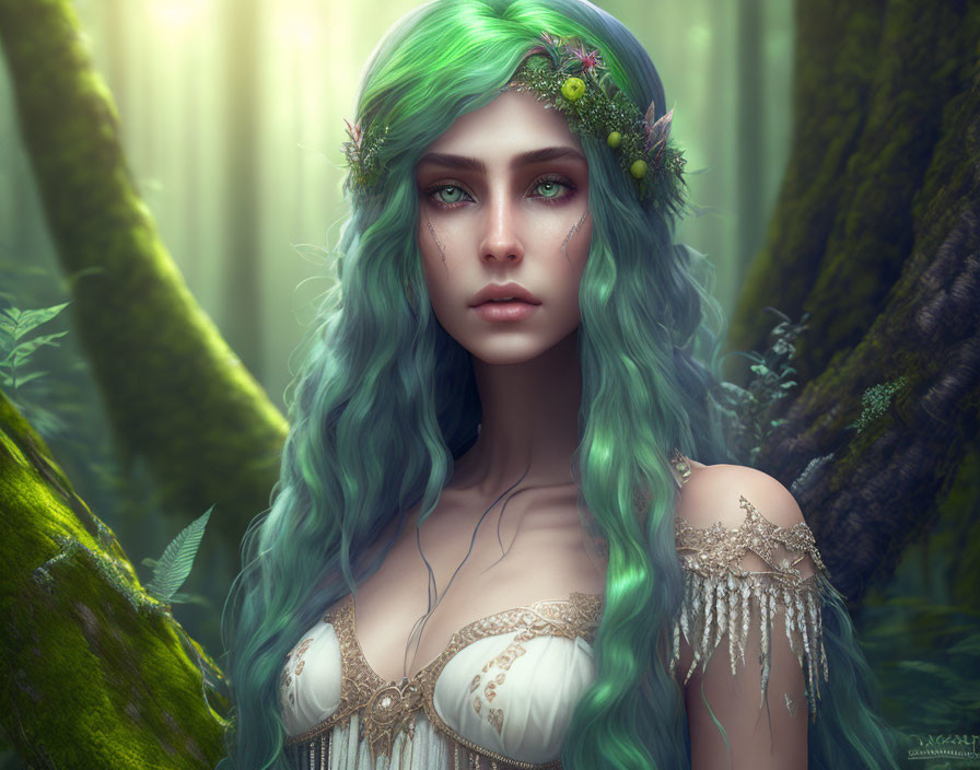 Female elf with turquoise hair and floral accessories in mystical forest scene