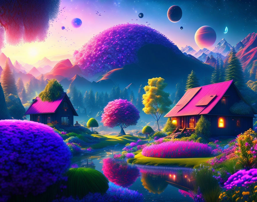 Colorful fantasy landscape with purple-tinted trees, glowing houses, and multiple moons.