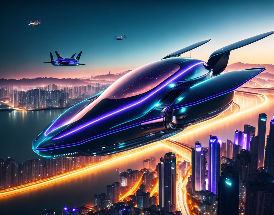 Futuristic flying car with neon lights over cityscape at dusk