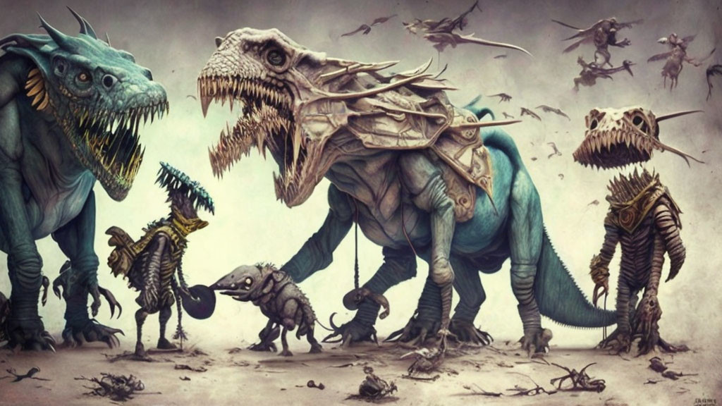Fantasy Artwork: Exaggerated Dinosaur-Like Creatures in Desolate Landscape