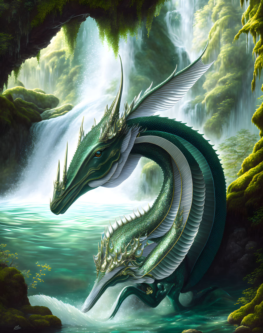 Emerald-Scaled Dragon Emerges from Serene Lake