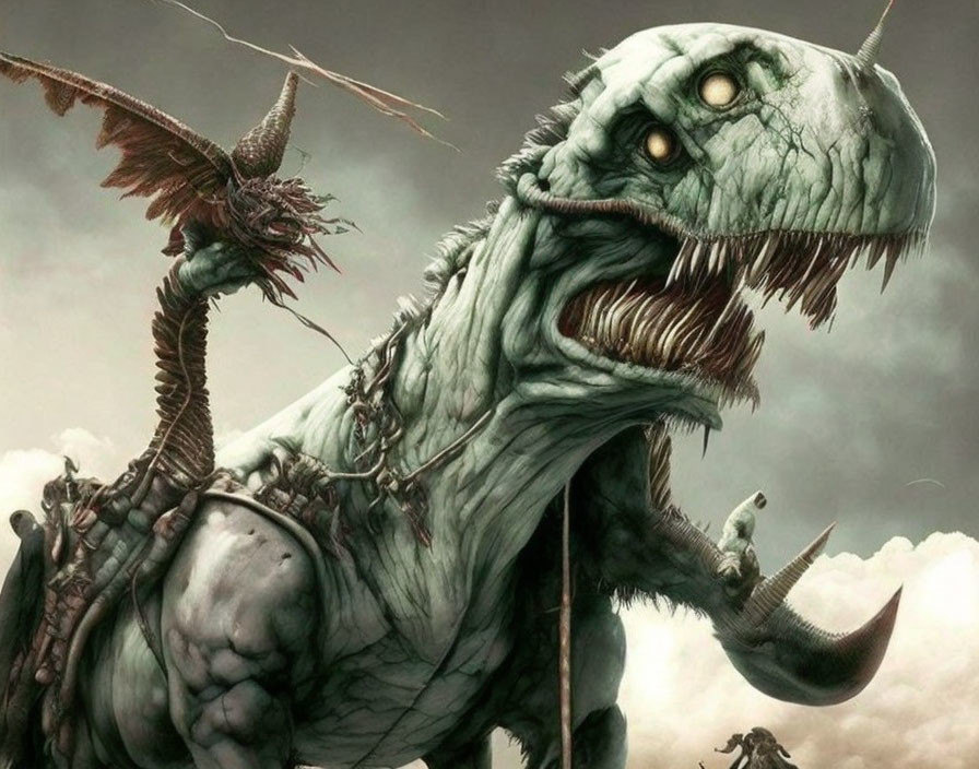 Digital Artwork: Menacing Dragon-like Creature with Horns and Winged Companion