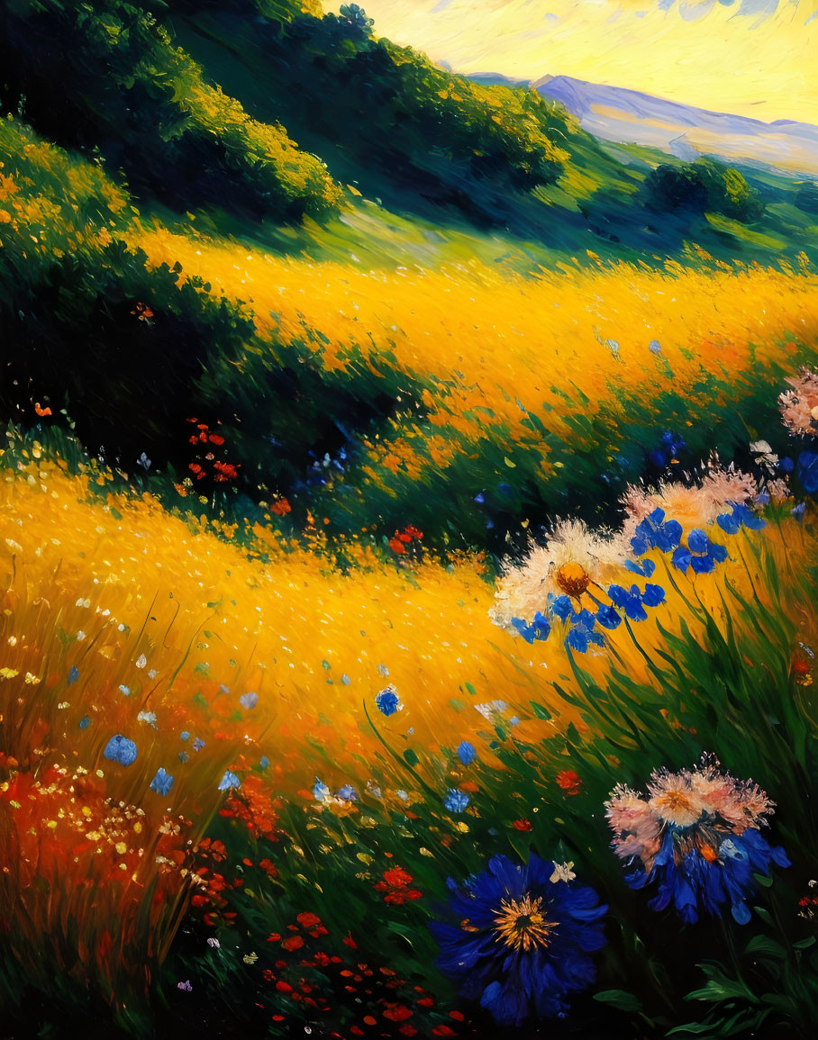 Colorful Flower-Filled Meadow Painting with Yellow Dominance