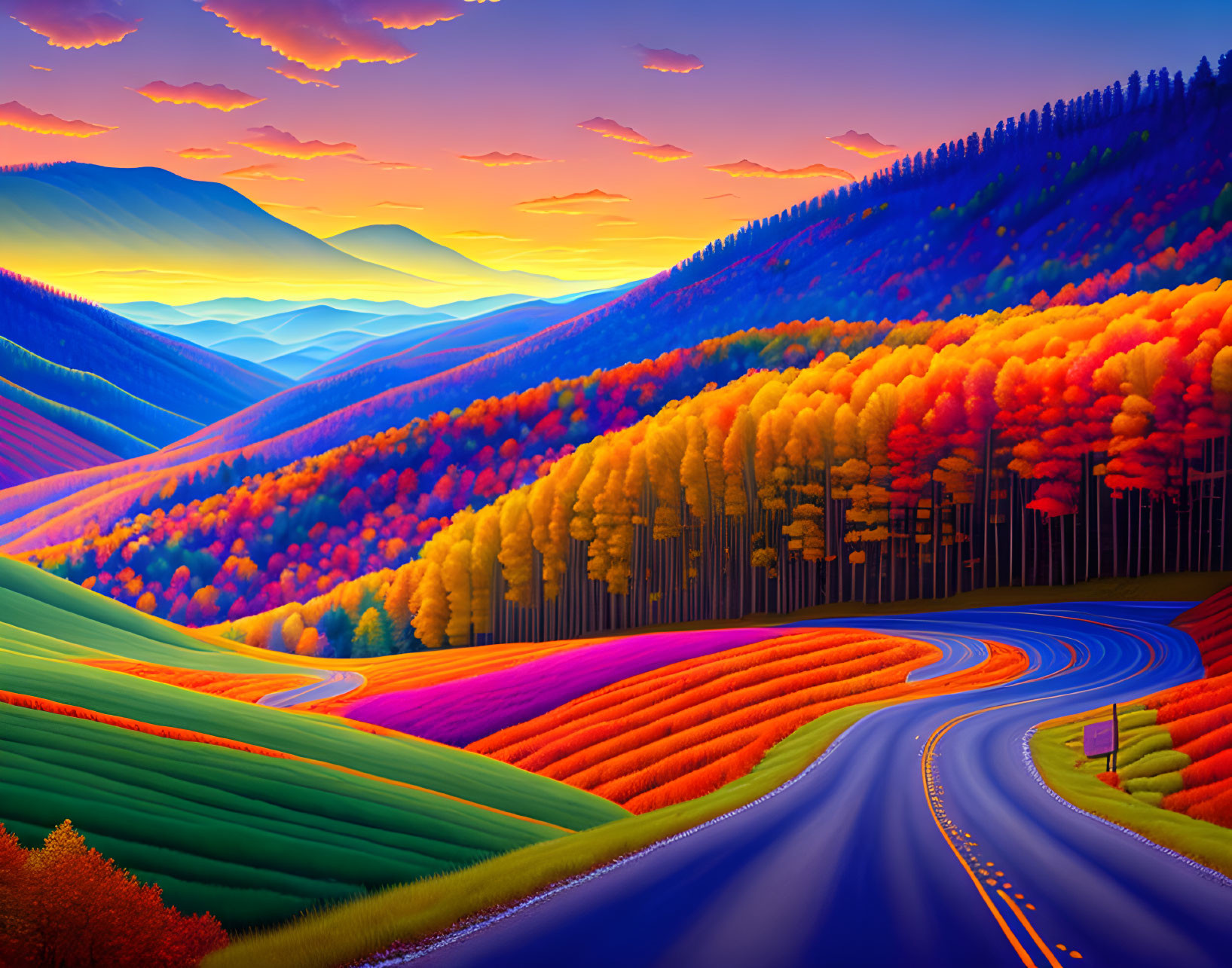 Colorful landscape: winding road, rolling hills, autumn trees, dramatic sunset