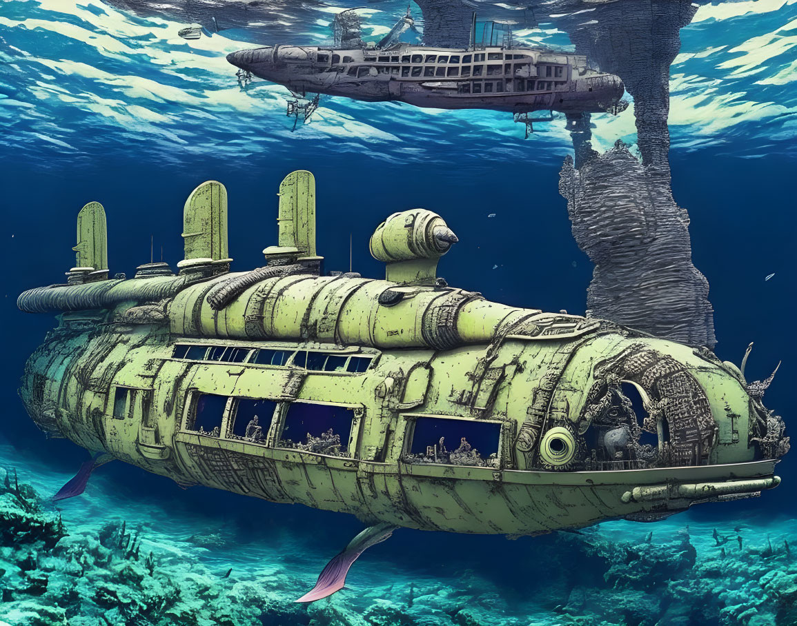 Sunken ruins with large old submarine, fish, and futuristic submersible