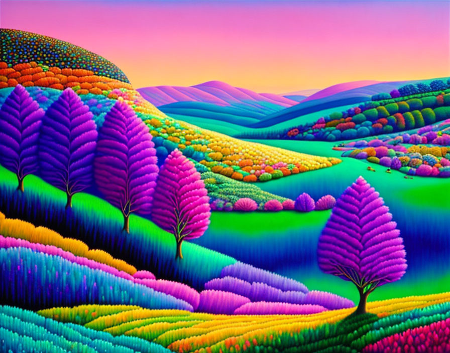 Colorful surreal landscape with multicolored trees and rolling hills under a gradient sky