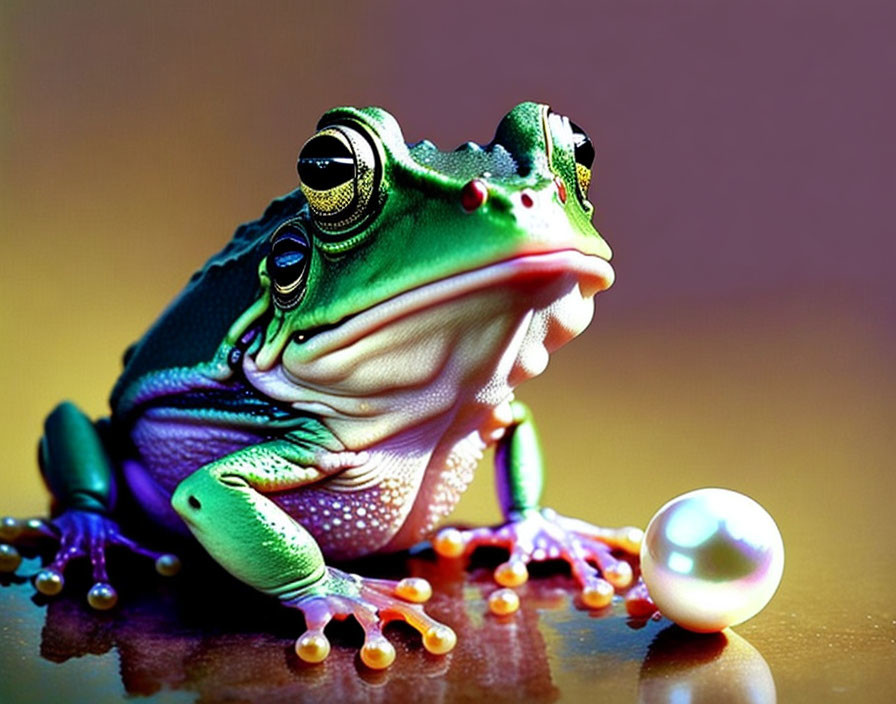 Vibrant Frog with Intricate Patterns and Bulging Eyes Near Shiny Pearl