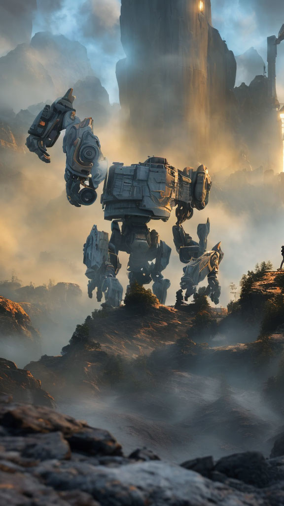 Robotic walkers in misty rocky landscape with human figure.