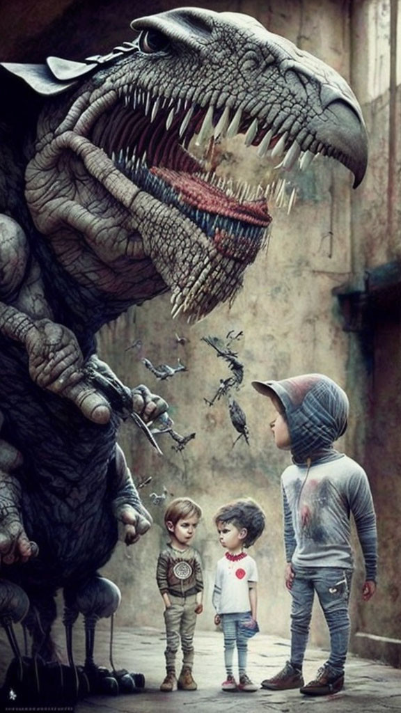 Children face giant dinosaur-like creature in narrow alleyway with birds.