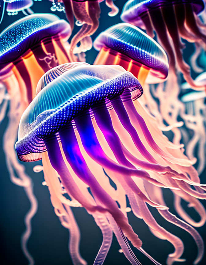 Colorful Blue and Purple Glowing Jellyfish Floating in Dark Background