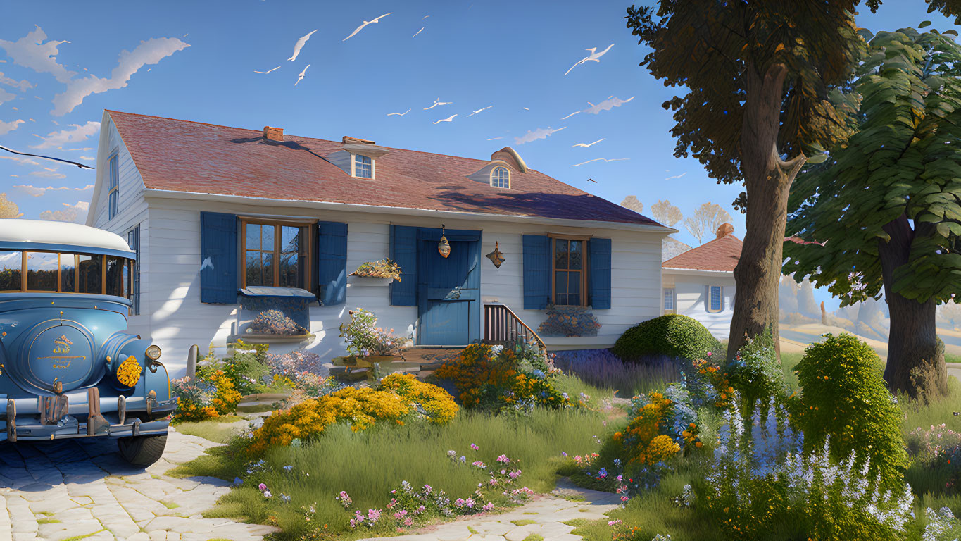 Charming suburban scene with white picket fence, flower garden, vintage blue car, and birds on
