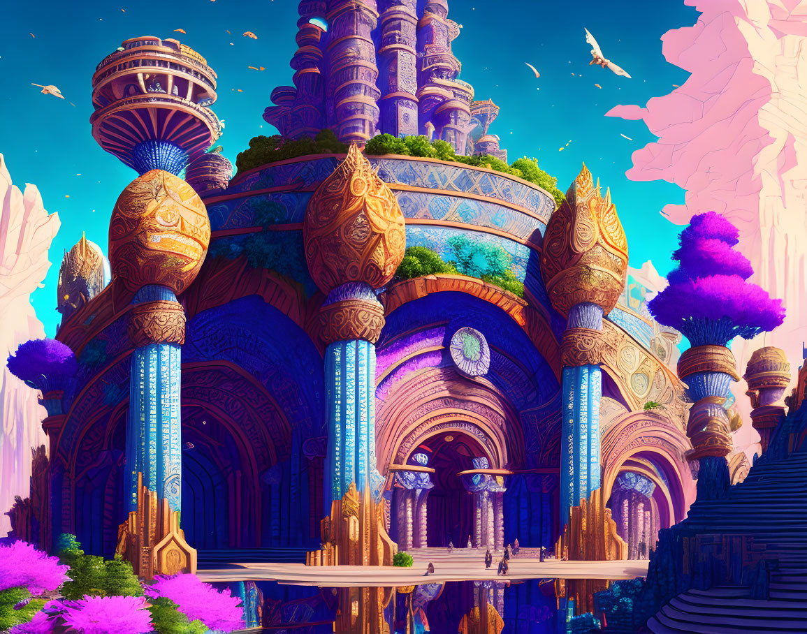 Colorful cityscape with ornate towers and cascading water features