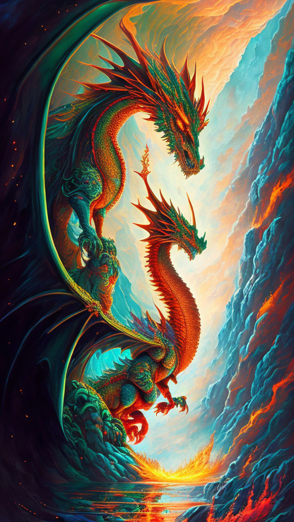 Colorful Dragon Artwork with Fiery Skies and Cool Clouds