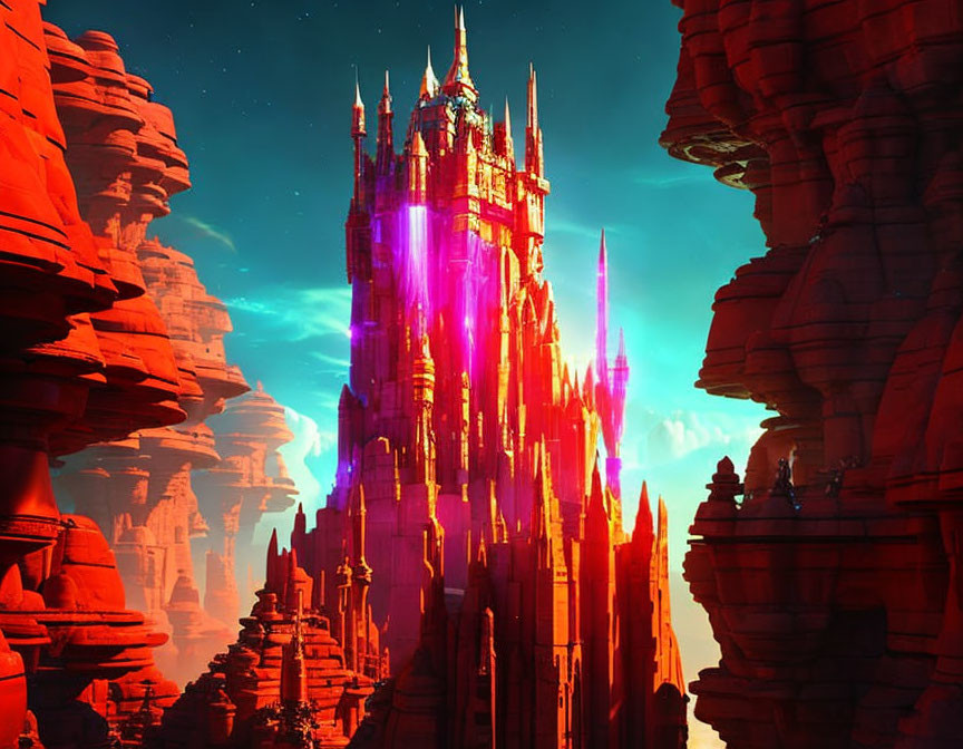Fantastical castle with vibrant pink and blue hues on red rock landscape