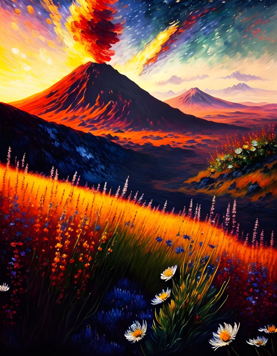 Volcanic eruption painting with fiery sky and wildflowers