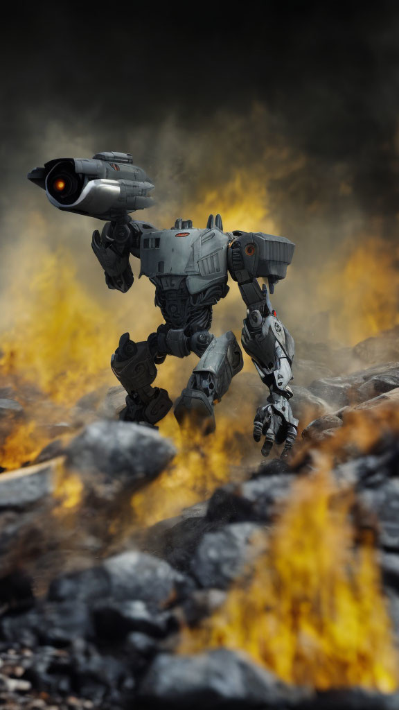 Toy robot with gun arm in fiery battle scene