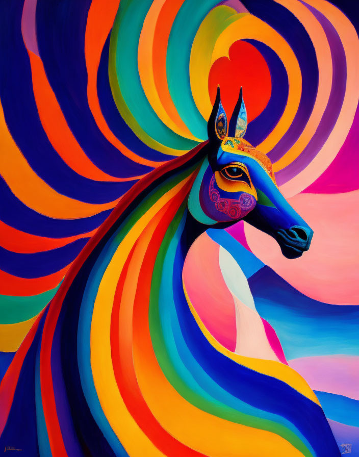 Colorful Abstract Painting: Stylized Horse with Blue Face