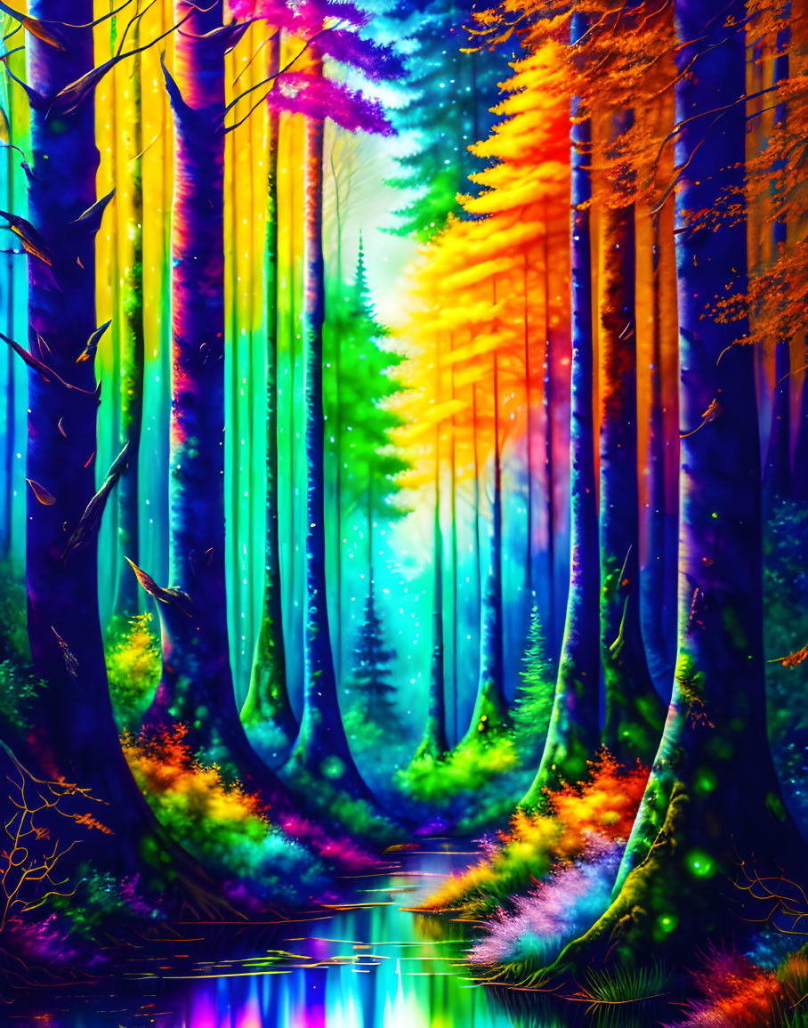 Colorful Forest Path with Blue, Green, and Orange Trees