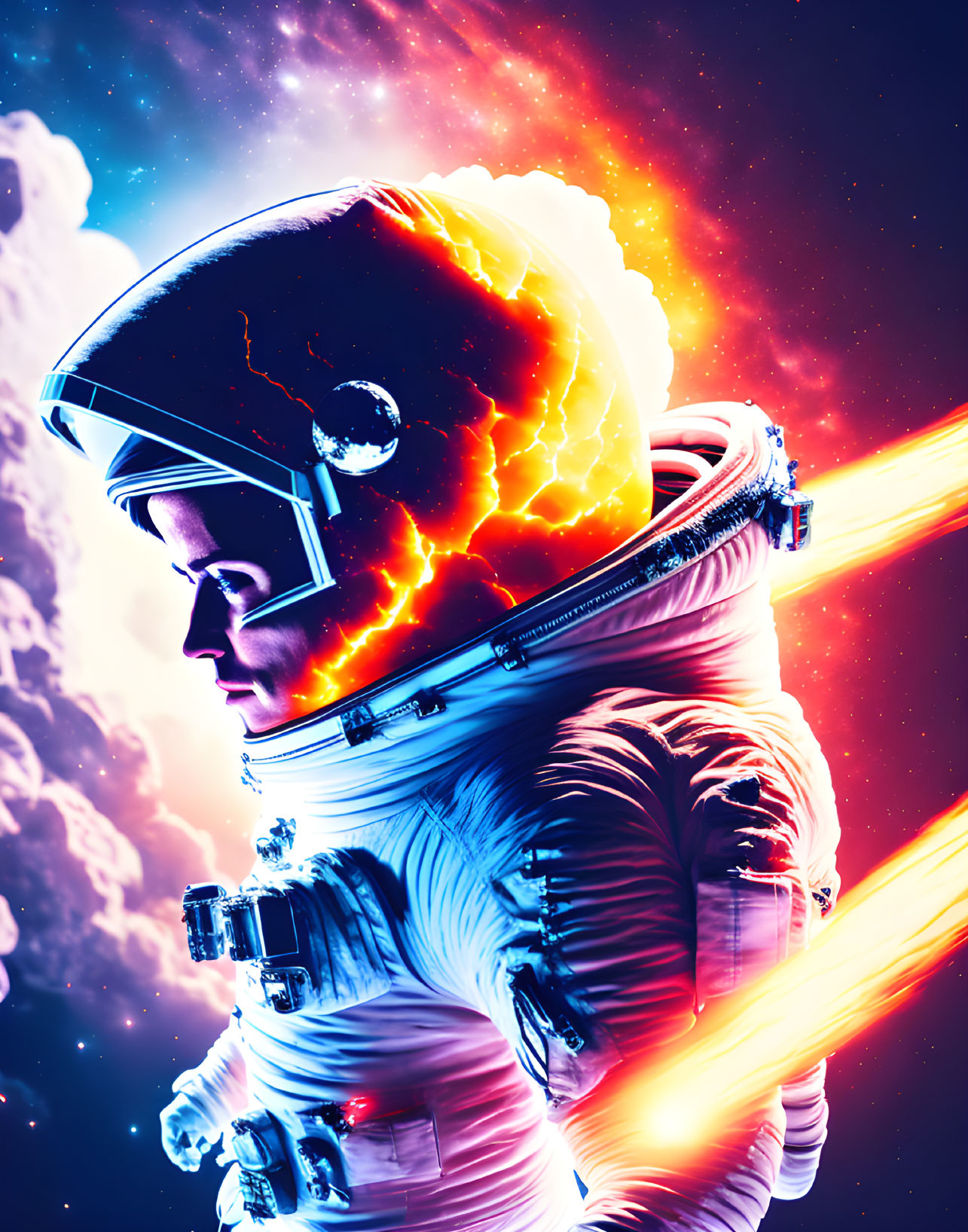 Vibrant astronaut in fiery space with orange and blue energy trails