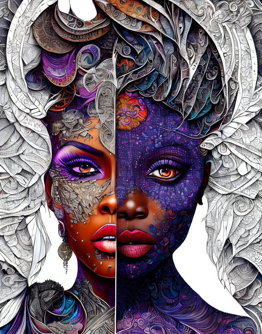 Colorful digital portrait featuring cosmic and floral design merging with feathers and patterns