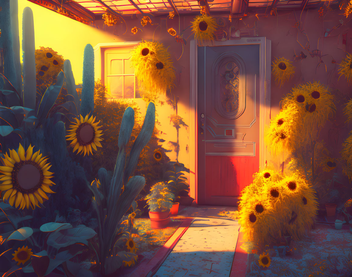 Ethereal garden with sunflowers and cacti under golden light