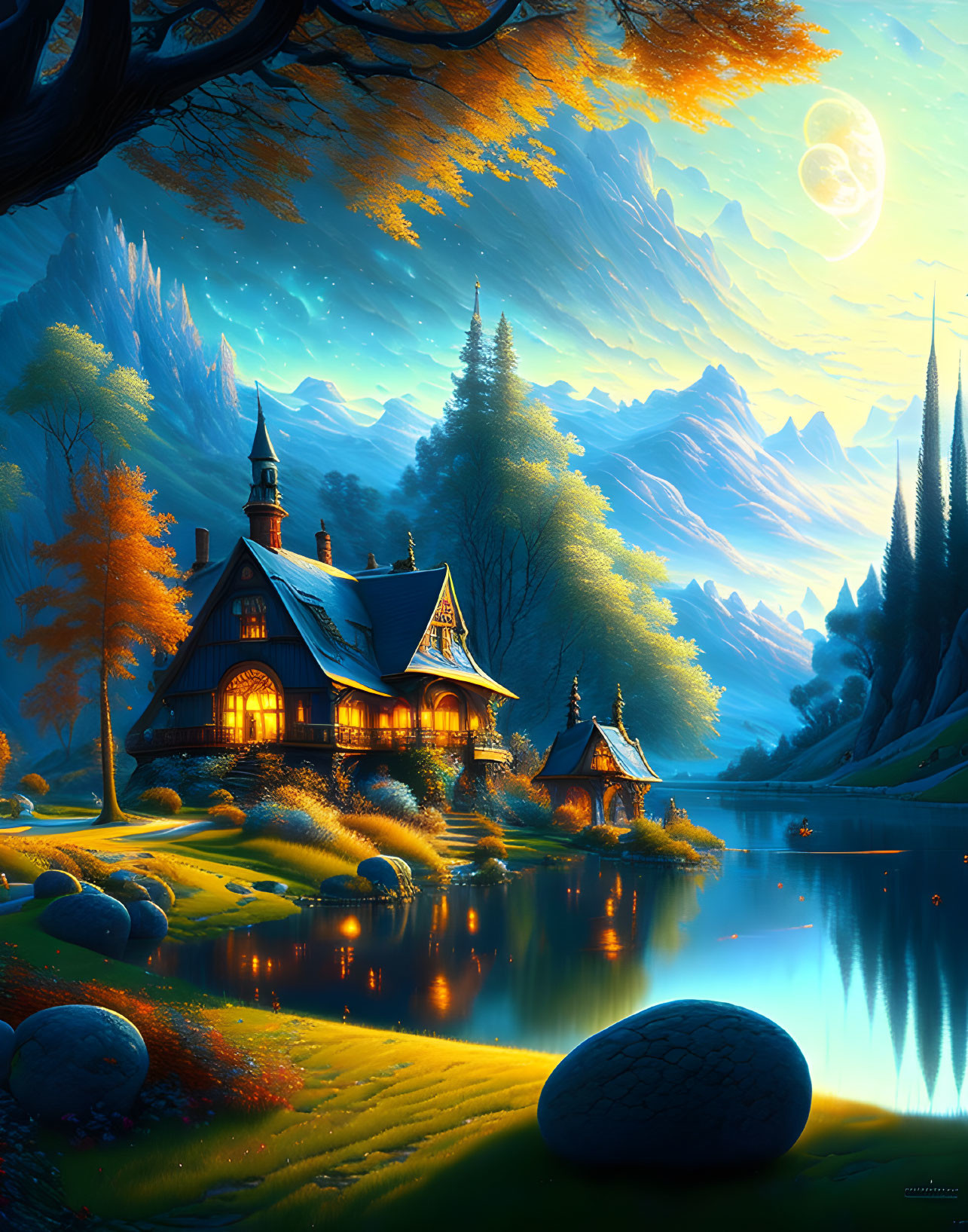 Fantasy art of illuminated cottage by tranquil lake at night