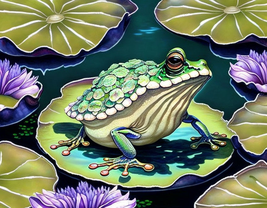 Vibrant frog illustration on lily pad with purple flowers