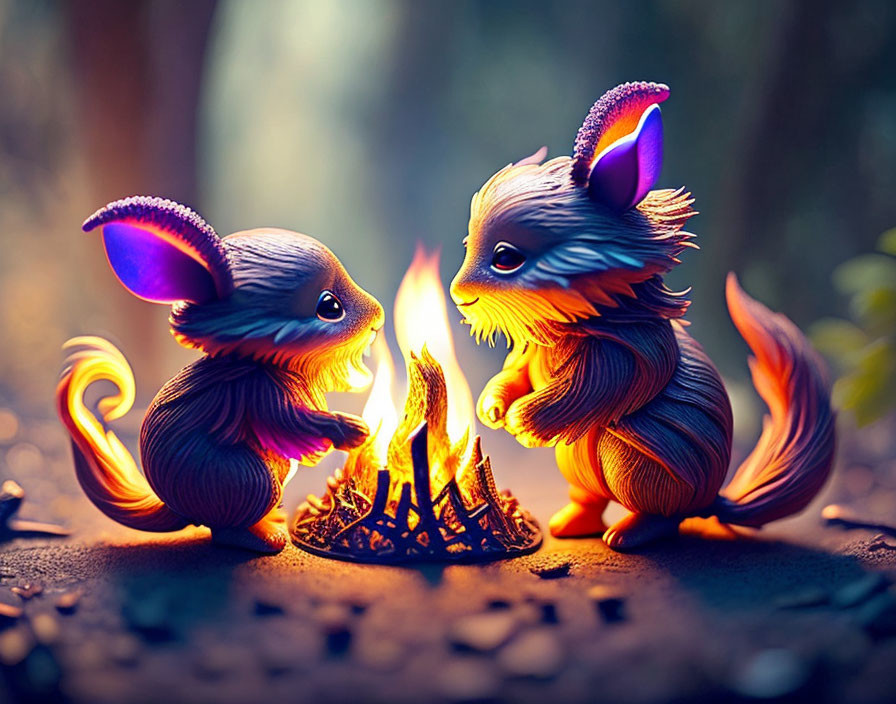 Colorful animated creatures with fiery tails by campfire in magical forest