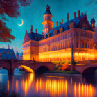 Castle-like Building with Arched Bridges Over Tranquil River at Twilight