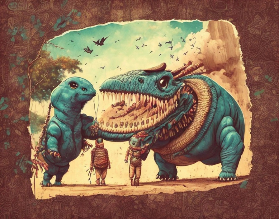 Anthropomorphized dinosaurs in tribal attire conversing